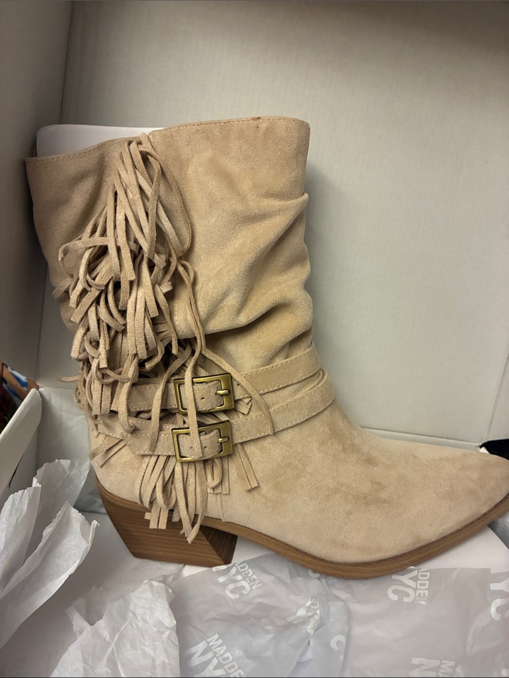 Steve Madden Beige Fringe faux Suede cowboy Boots 11 NIB Boho festival western